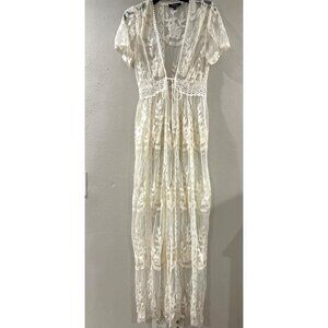 Aakana Womens White Long Kimono Boho semi-transparent Lace accents size S